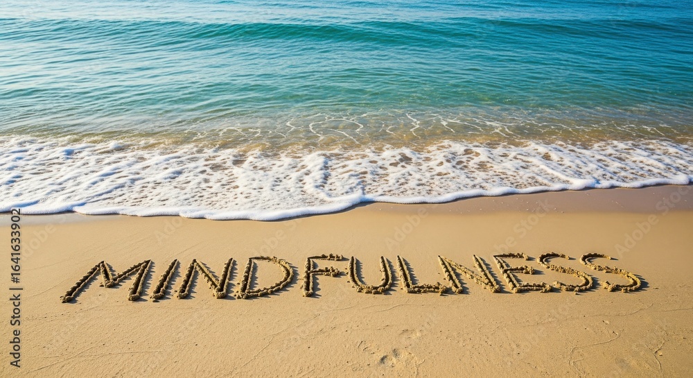 Fototapeta premium Mindfulness message on sandy beach, ocean waves washing over the word. Conceptual image for peace and meditation.
