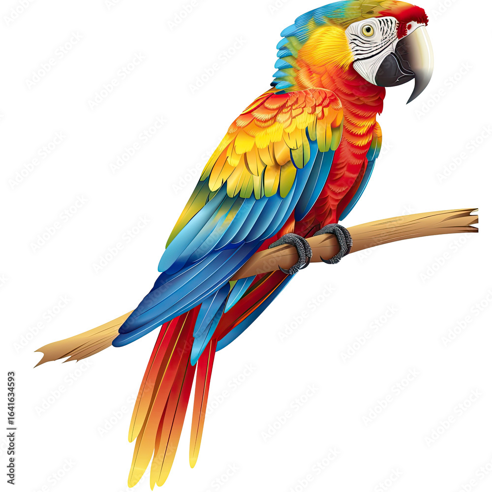 Obraz premium Colorful Macaw Perched on Branch, Tropical Setting, Wildlife Illustration