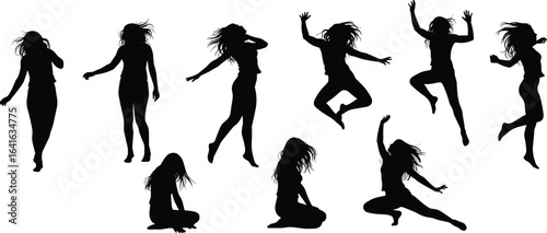 Woman silhouette dancing, jumping, sitting, emotional poses, freedom movement, expressive female figure, artistic body motion, creative dance sequence