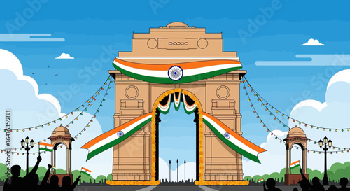 Indian Gate decorated with national flags, a festive scene.