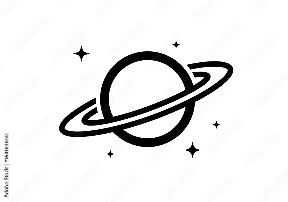 Obraz premium A stylized black and white illustration of a planet with rings and several stars around it