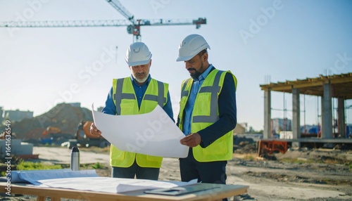 Engineers Reviewing Blueprint at Construction Site