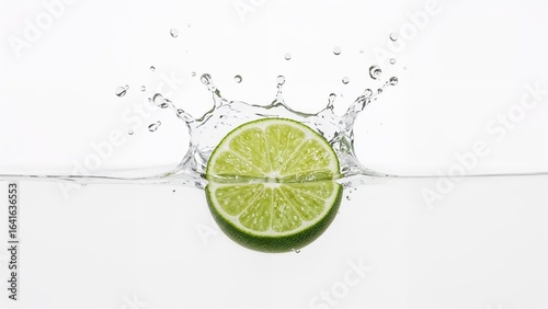 Water splash with fresh lime and lime half isolated on white