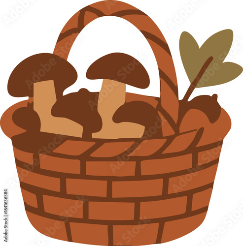 A flat-style illustration of a woven basket filled with mushrooms and a small leafy twig in earthy autumn colors.