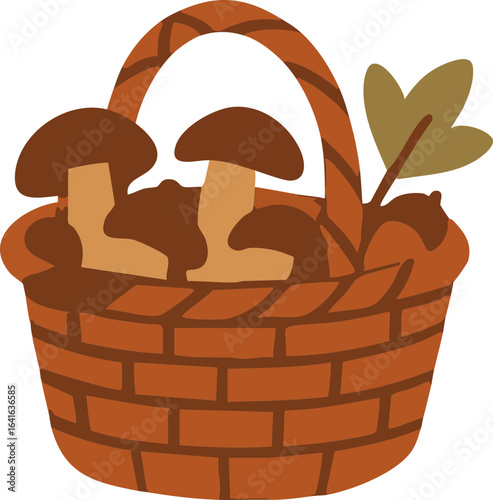 A flat-style illustration of a woven basket filled with mushrooms and a small leafy twig in earthy autumn colors.