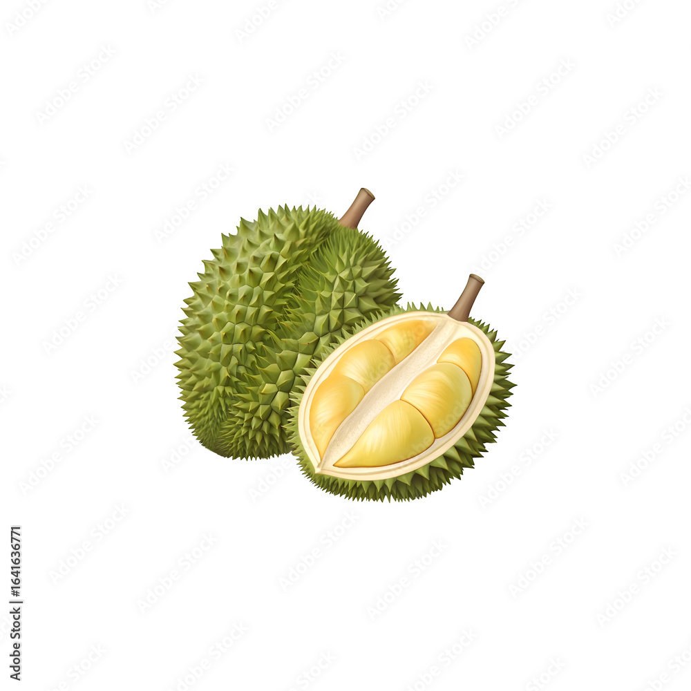 Obraz premium Whole and halved durian fruit isolated on transparent background