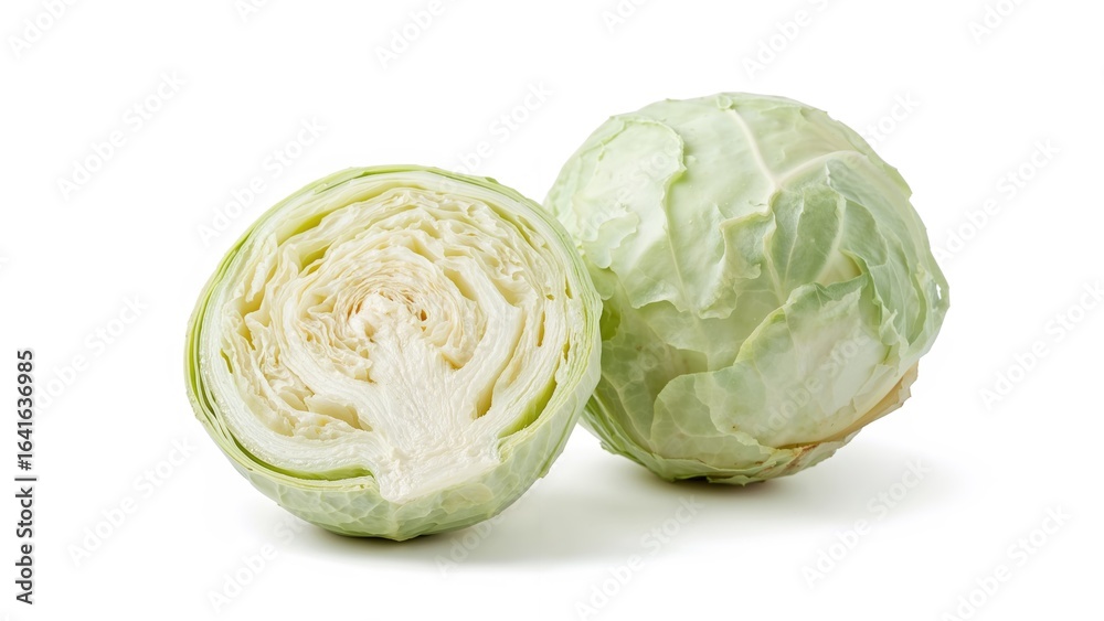 Obraz premium Isolated white cabbage shown as a whole and in halves on white