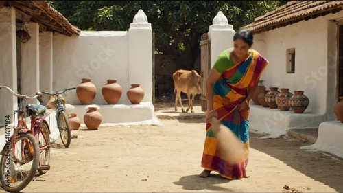 Indian Woman in Colorful Sari Sweeps a Sunlit Rustic Courtyard in a Traditional Village