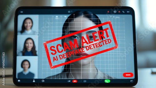 An alert warning about a scam involving AI deepfakes displayed on a tablet screen.