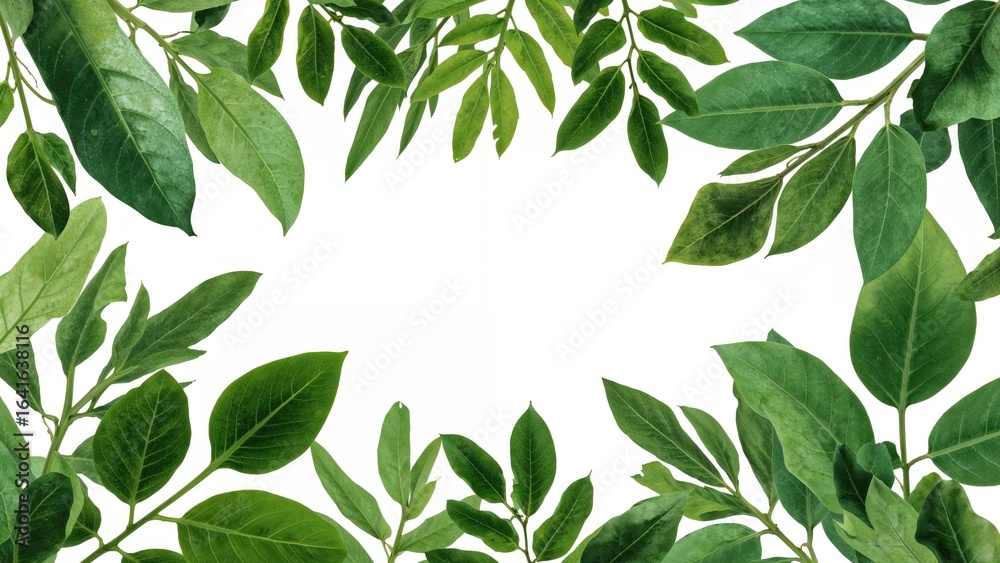 Naklejka premium Jackfruit tree foliage with green leaves and branches set against a white backdrop from above