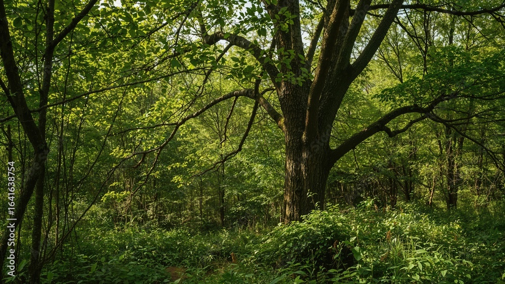 Naklejka premium Lush greenery with empty area for text as a backdrop or wallpaper, featuring abstract textures, summer vibes, trees, springtime, sunlight, woodland, and garden elements