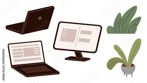 Open laptops, desktop monitor with split screen, leafy indoor plants and greenery. Ideal for technology, productivity, remote work, workspace design, balance, creativity simple flat metaphor