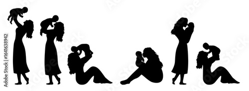 Mom with baby, mother silhouette, happy family silhouette