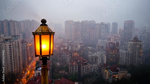 Cityscape at Dusk: Illuminated Metropolis from Above