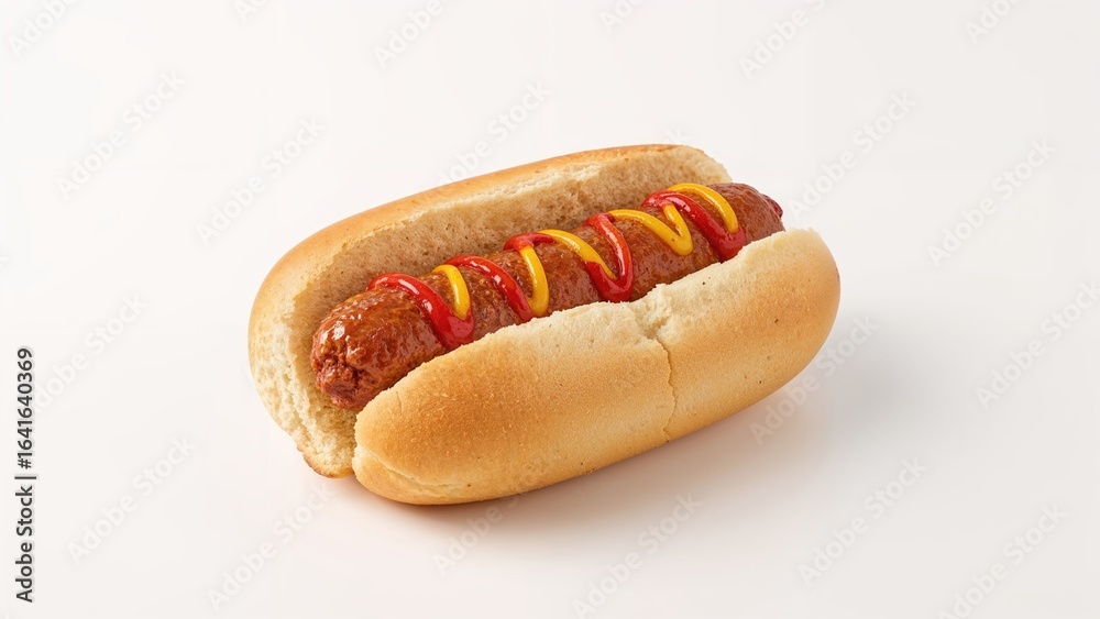 Two hot dogs served with mustard and ketchup against a plain white background Two hot dogs served with mustard and ketchup against a plain white background