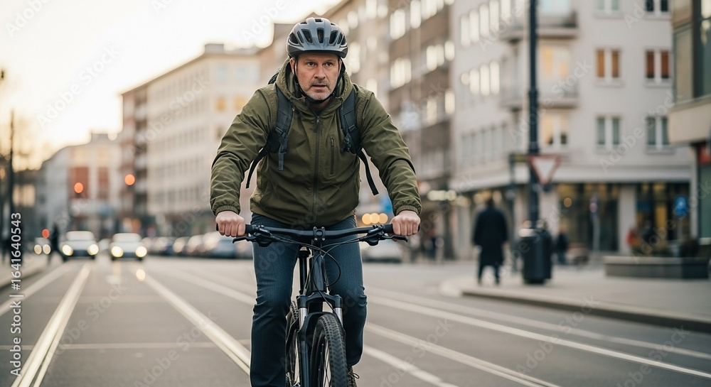 Obraz premium Mature Man Riding a Bicycle in a City