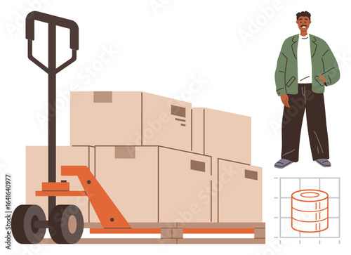 Pallet truck carrying stacked boxes on a wooden pallet with a worker nearby. Ideal for logistics, supply chain, warehouse, shipping, inventory, manual labor, goods distribution. Clean flat metaphor
