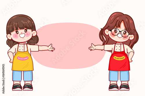 Twins girl welcoming pose. Guaranteed delicious food. Street food Logo design premium vector.