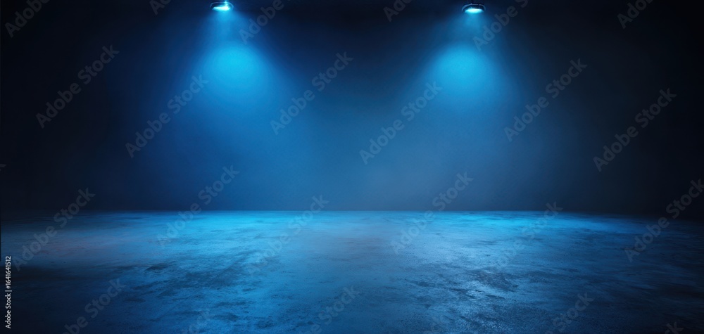 Fototapeta premium The serene blue lighting in an empty studio space on a clean floor.