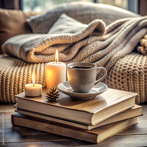 Cozy home interior with coffee cup, candles and books on the sofa