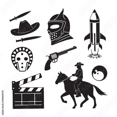 Collection of iconic silhouette symbols representing diverse genres including western sci fi horror and filmmaking elements