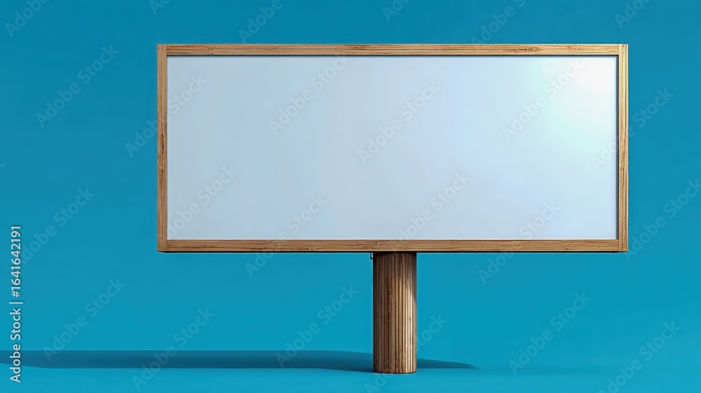 Fototapeta premium Blank Advertisement Billboard with Wooden Frame against Light Blue Background, Ideal for Mockup or Presentation