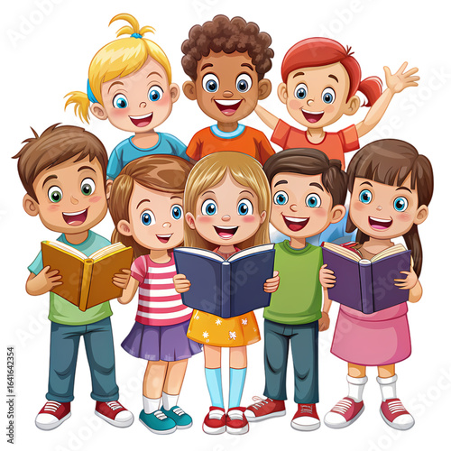 Diverse Group of Happy Children Reading Books Together