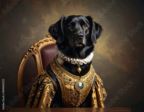 Regal portrait of a black dog in an ornate royal Renaissance garment