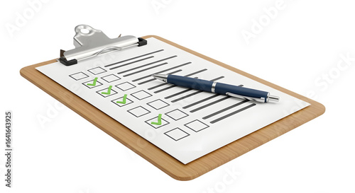 Clipboard with a checklist and pen, showing completed tasks with green checkmarks isolated on transparent background