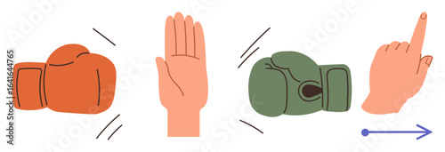 Opposing boxing gloves, open hand stoppage gesture, and directional point hand signal conflict resolution. Ideal for decision-making, negotiation, compromise, teamwork, leadership, communication