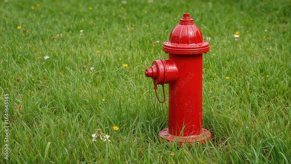 Red-painted fire hydrant positioned among green parkland Red-painted fire hydrant positioned among green parkland
