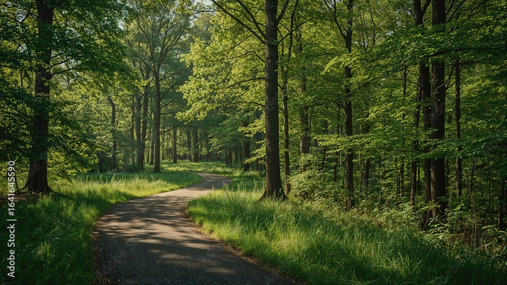 Obraz premium Peaceful forest path with springtime vegetation and open sky
