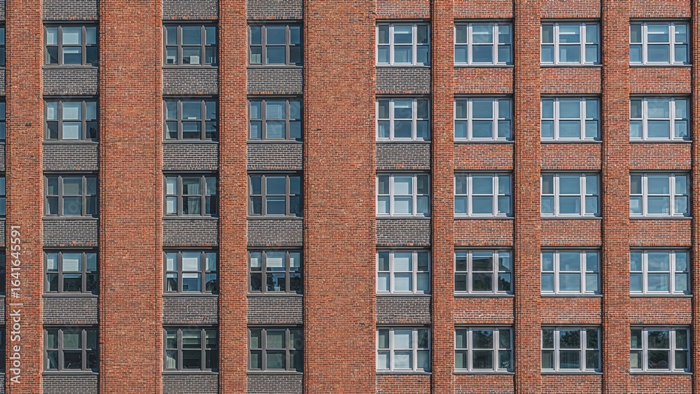 Obraz premium Office buildings made of brick represent robustness, steadiness, and business professionalism, with window-lined facades reflecting productivity and clear communication, embodying the core of city