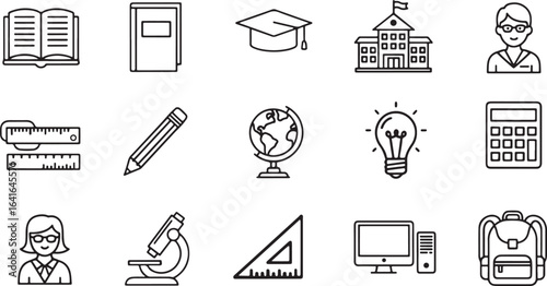 A set of black educational line icons in a clean vector style, featuring book, graduation cap, school building, teacher, student, pencil, ruler, globe, and more. 