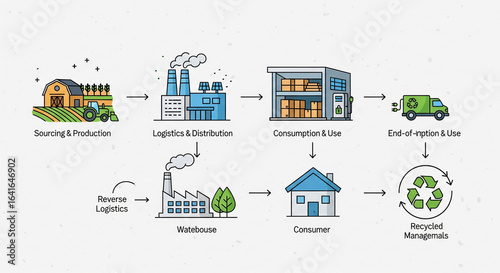 Sustainable supply chain management illustration showing responsible sourcing and production to recycling loop