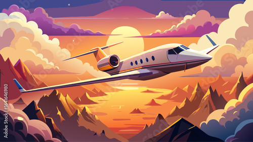 Private jet plane flying above clouds in beautiful sunset light. Modern and fastest mode of transportation, business life.