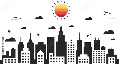 Sunny City Skyline Silhouette Vector – Minimal Urban Cityscape Banner with Sun, Clouds and Hearts