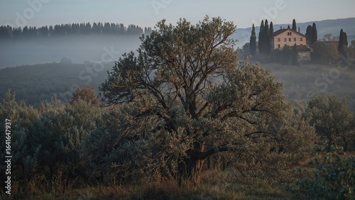 A hazy sunrise scene featur...