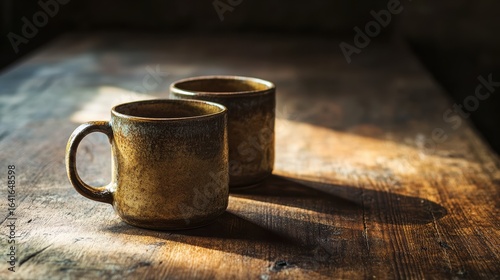 Two rustic ceramic mugs sit on a wooden table, illuminated by soft light, creating a warm and inviting atmosphere.
