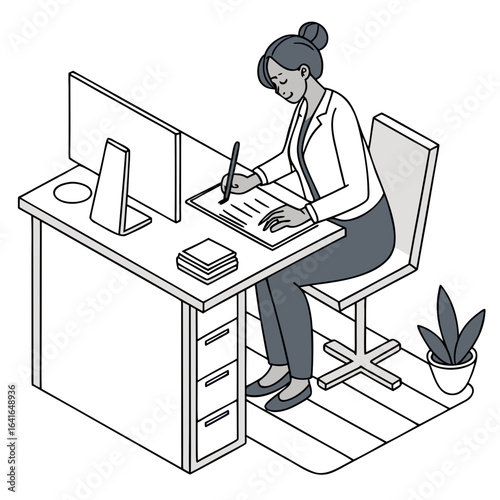 A focused woman in professional attire sits at her desk writing and working on her computer