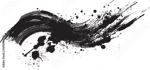 Grainy black thick swirled brush stroke with spray texture. Abstract vector stipple background with curly brush stroke.