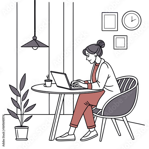 A woman in stylish attire works on her laptop at a round table in a modern cafe setting