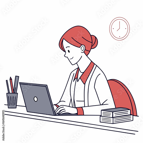 A woman working diligently on her laptop at her desk with a clock on the wall indicating time