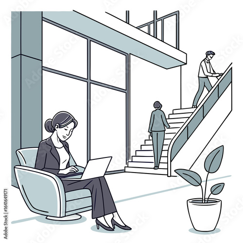 Business professionals in a modern office lobby one woman working on a laptop while others ascend a staircase