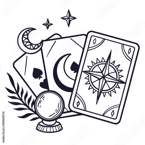 Esoteric symbols including tarot cards moon stars crystal ball and plant branch in a mystical composition