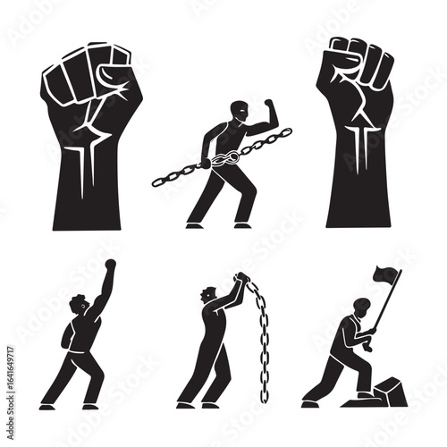 Silhouettes of powerful fists and determined people breaking chains symbolizing freedom struggle and resistance against oppression