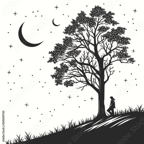 Lone figure leans against a large tree under a crescent moon and starry night sky