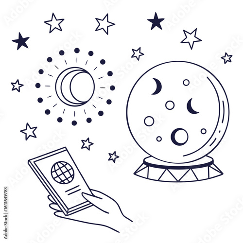 Hand holding passport near celestial symbols and crystal ball with moons and stars