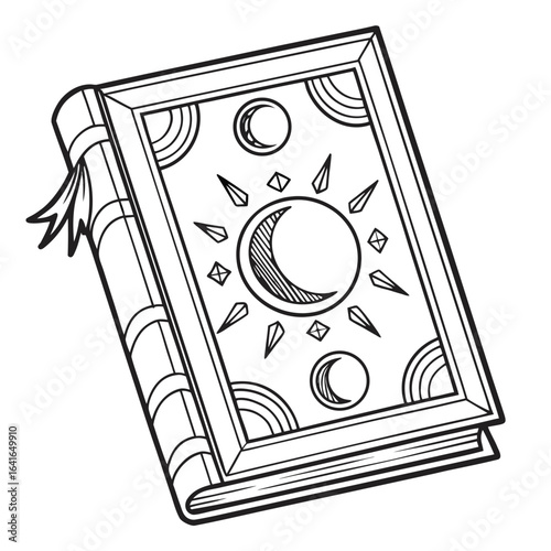 Mystical grimoire with celestial symbols and crystals on black background