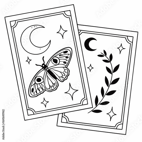 Mystical tarot cards with a celestial butterfly and moon design and a sprig of leaves